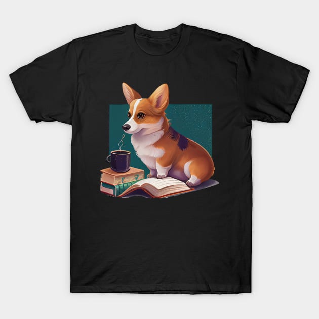 Books and Coffee and Dog T-Shirt by GreenMary Design